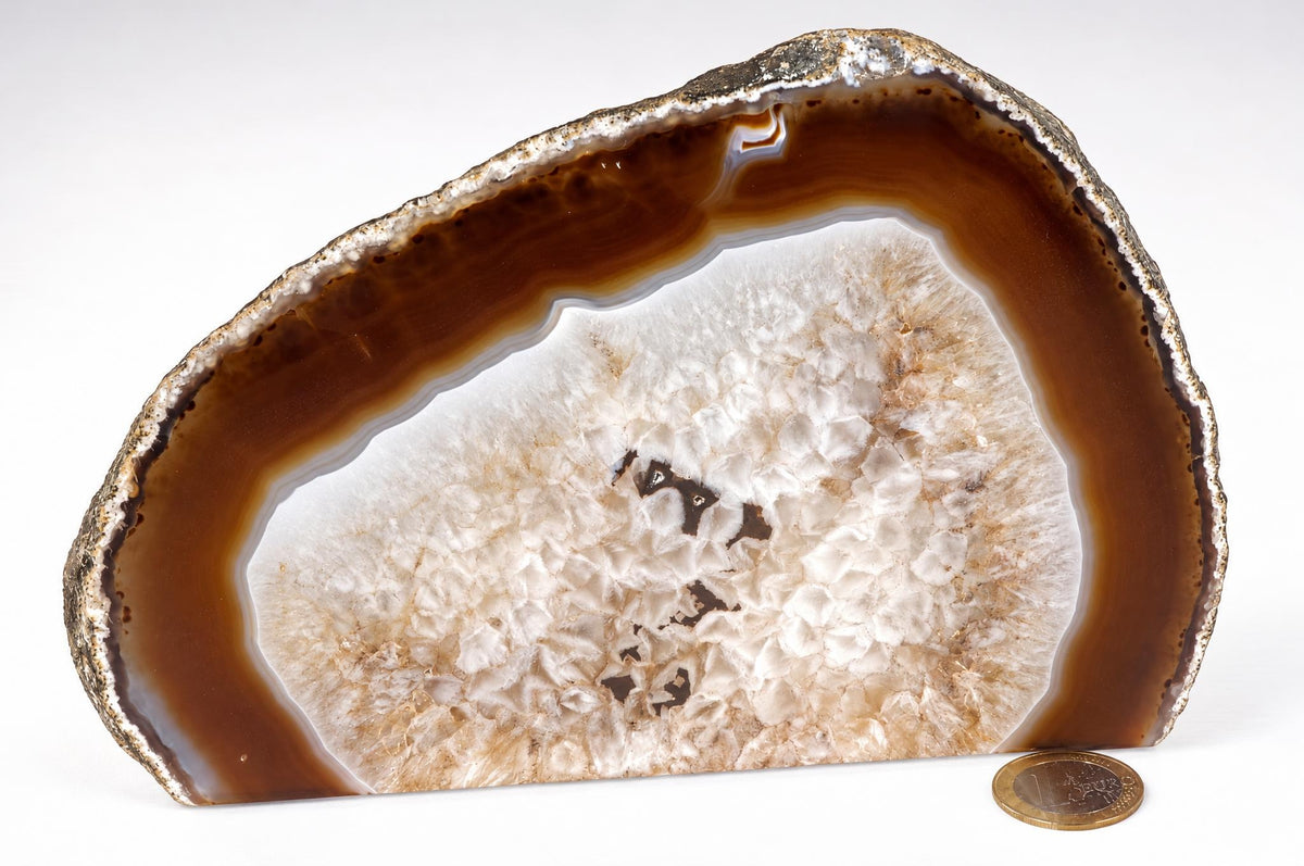 A polished agate slice with a brown outer band and a white, crystalline inner core on a pale surface.