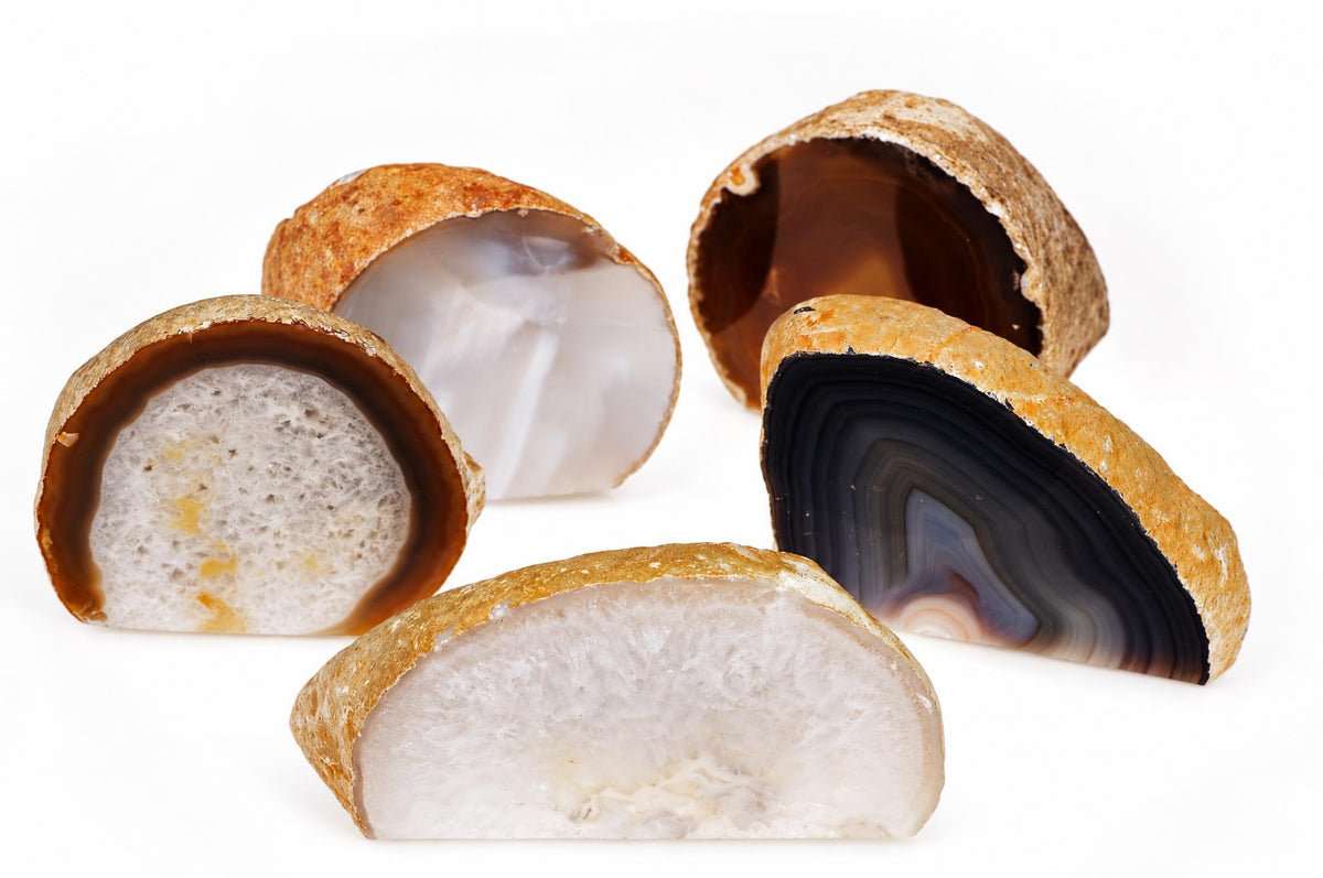 Five polished agate geode halves on a white surface, showing varied internal banding in white, brown, black and grey.