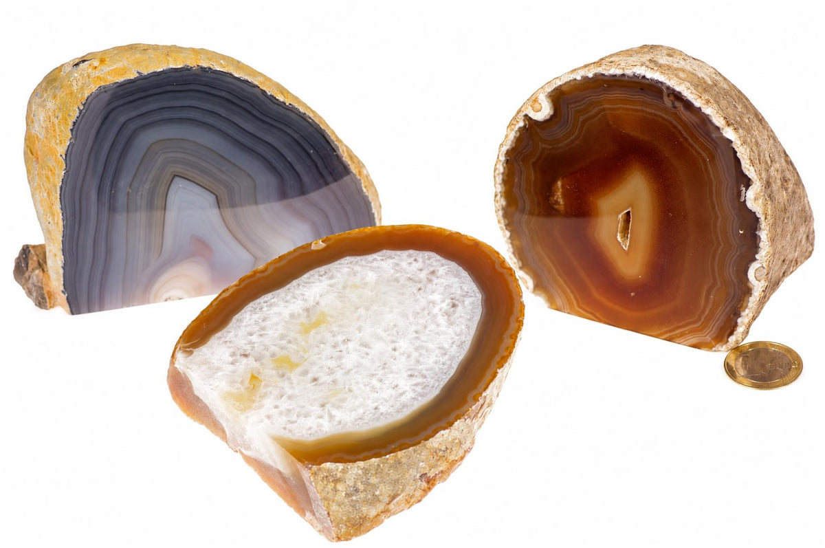 Three polished agate slices on a white surface, showing concentric bands of grey, brown, and white with rough outer rinds.