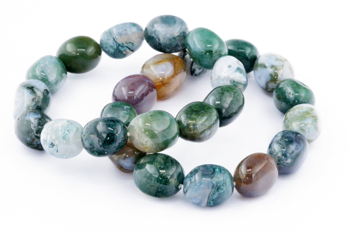 Moss agate bracelet – Gem featuring polished natural crystals in green, blue, and brown tones, ideal for crystal lovers and healing crystal enthusiasts.