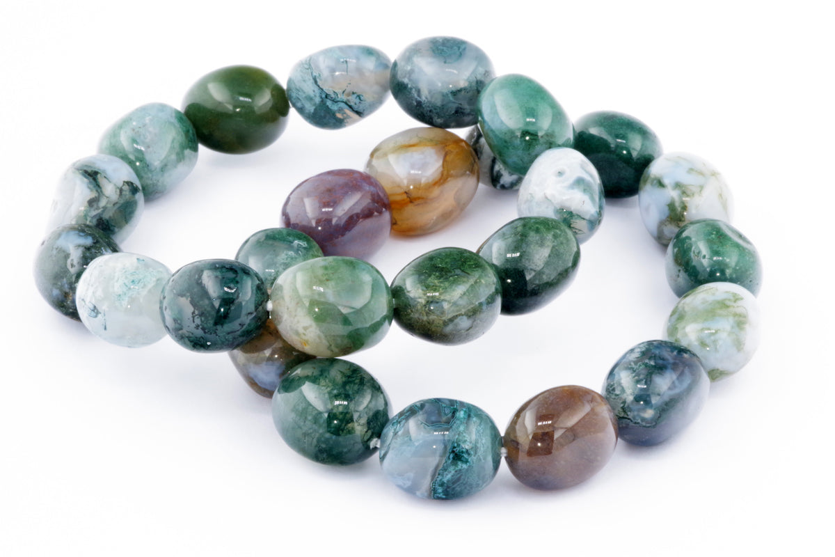 Moss agate bracelet – Gem featuring polished green, brown, and white natural crystals, showcasing unique patterns and smooth rounded gemstones for crystal jewellery lovers.