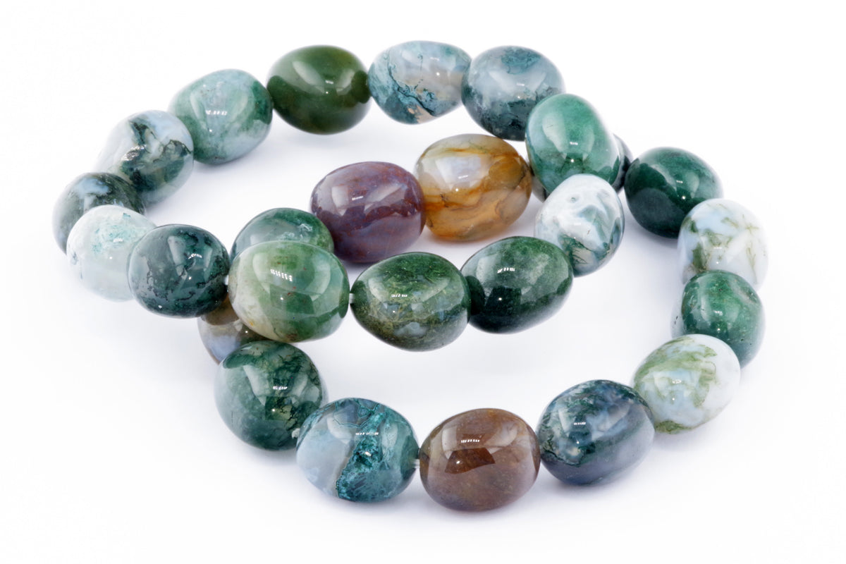 Moss agate bracelet – Gem featuring polished natural crystal beads in shades of green, brown, and white, ideal for crystal jewellery and healing crystals collections.