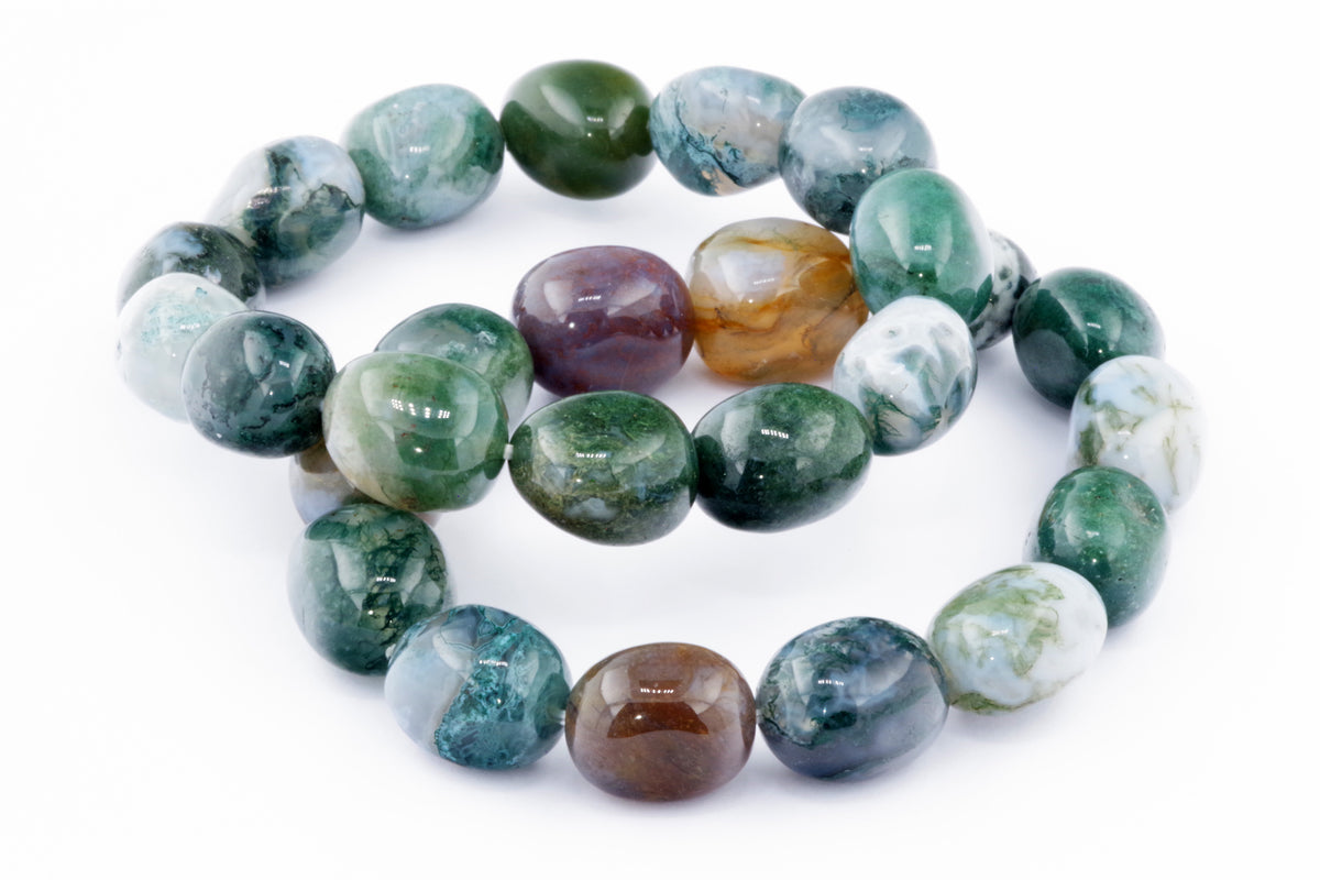 Moss agate bracelet – Gem featuring polished natural crystal beads in shades of green, blue, and brown, ideal for crystal jewellery and healing crystal collections.