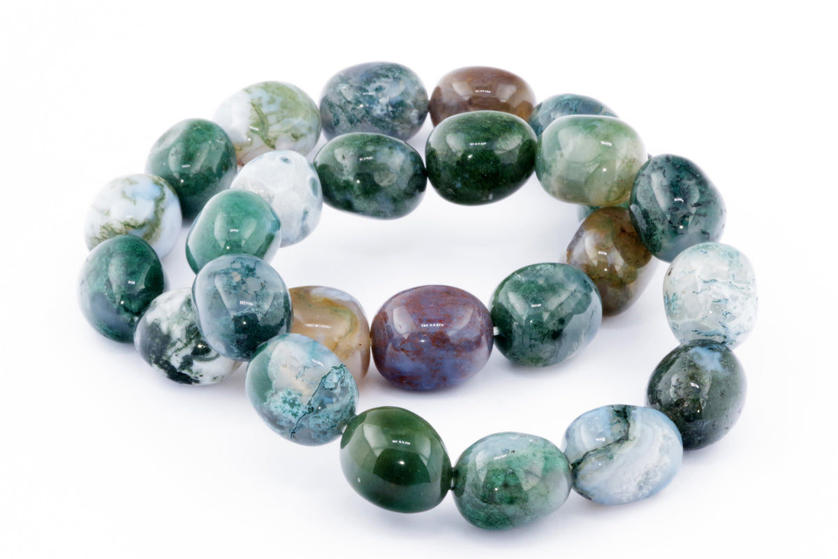 Moss agate bracelet – Gem featuring polished natural crystal beads in varying shades of green, brown, and white, ideal for crystal jewellery and healing crystal enthusiasts.