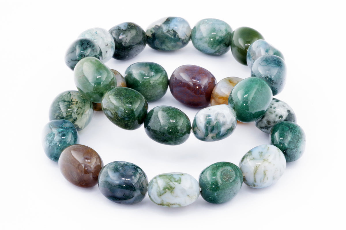 Moss agate bracelet – Gem featuring polished natural crystal beads in shades of green, white, and brown, showcasing unique mineral patterns in a stylish crystal jewellery piece.