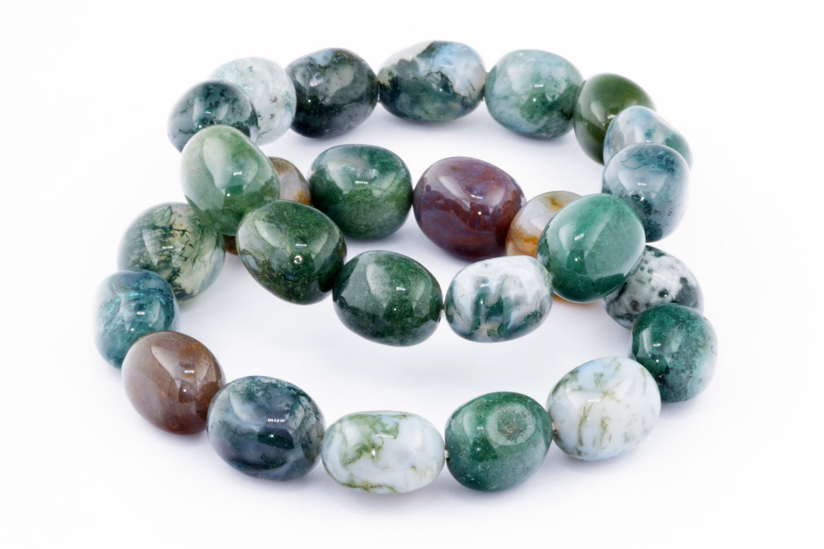 Smooth polished beads in varying shades of green, white, and brown form a natural crystal Moss agate bracelet – Gem known for its unique patterns and grounding energy.