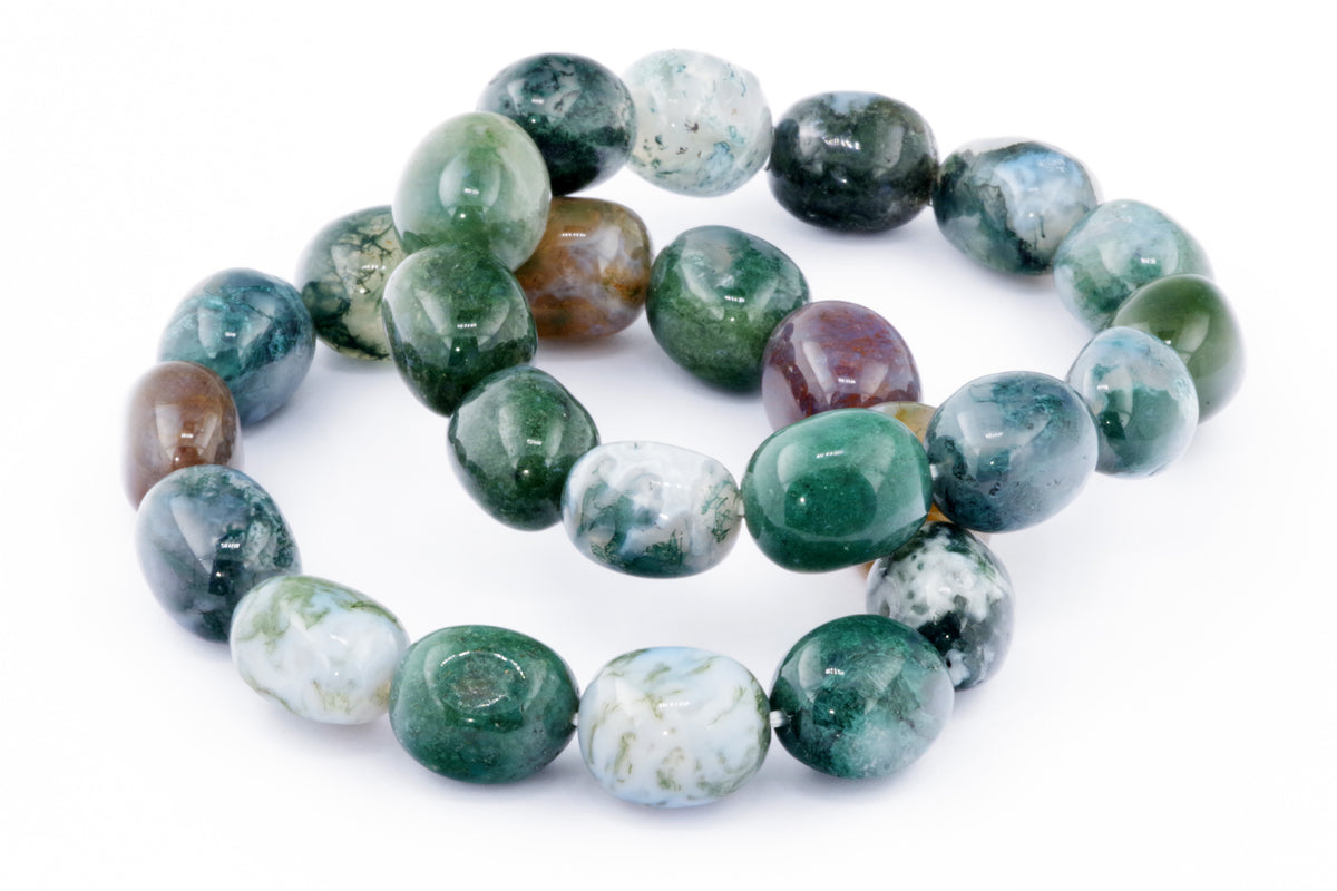 Moss agate bracelet – Gem featuring polished natural crystal beads in various shades of green, white, and brown, perfect for grounding and healing crystal jewelry.