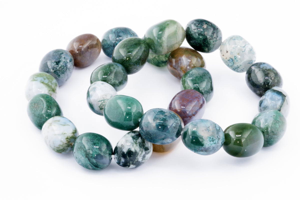Moss agate bracelet – Gem featuring polished natural green, white, and brown crystal beads arranged in a smooth, rounded design for crystal jewellery lovers.