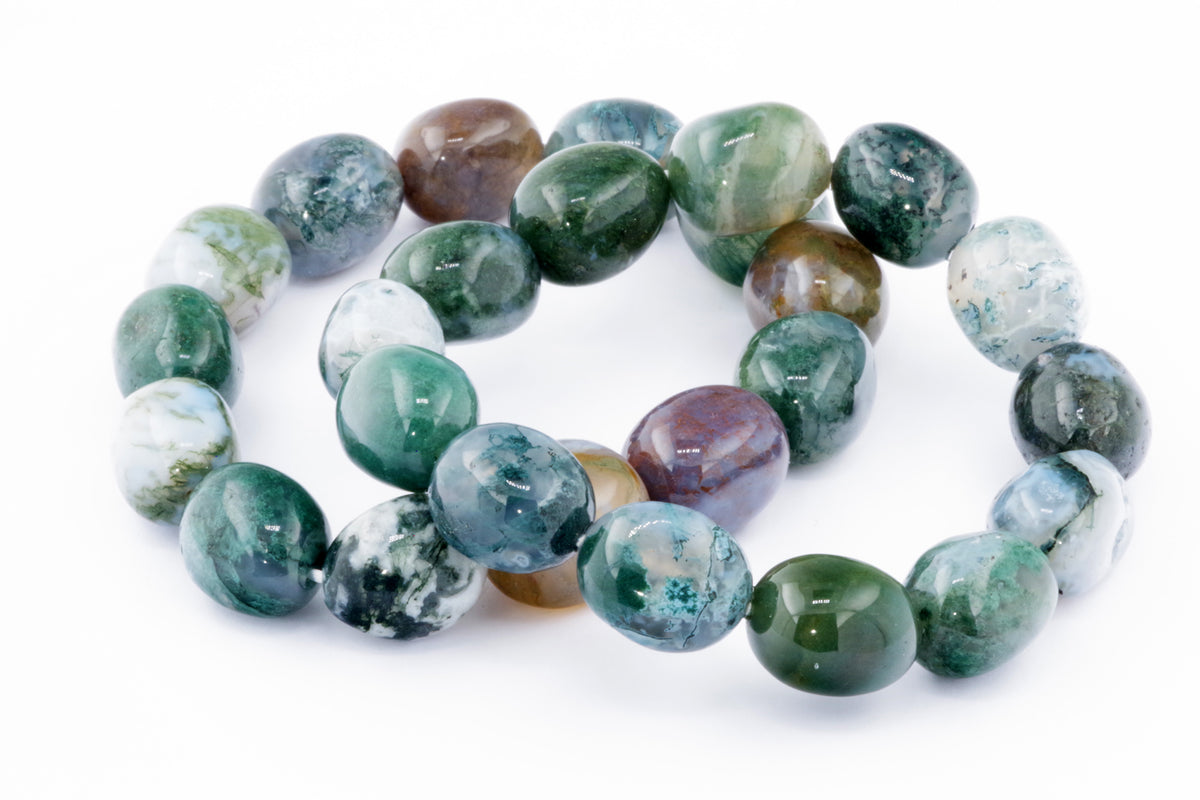 Moss agate bracelet – Gem featuring polished green and brown natural crystals, ideal for crystal jewellery enthusiasts seeking healing and grounding energy.