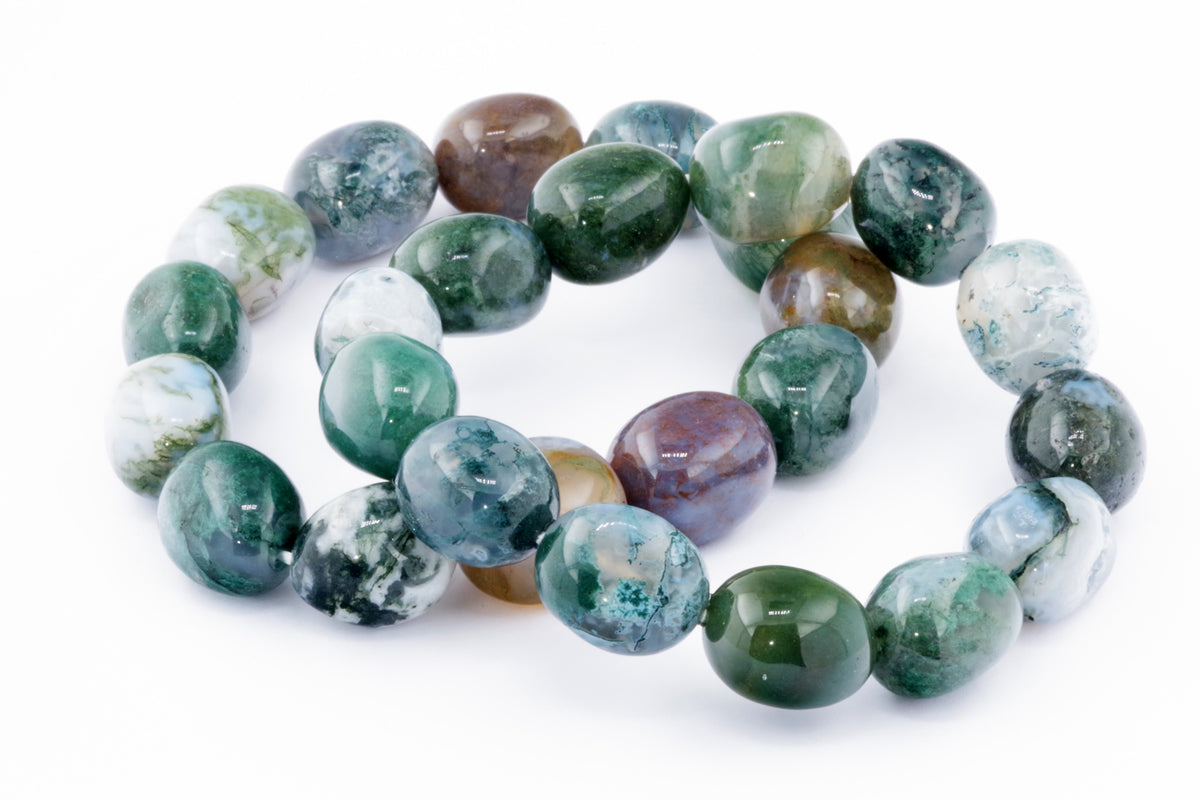 Moss agate bracelet – Gem featuring polished natural agate gemstones in green, brown, and translucent tones, perfect as a calming and grounding crystal jewellery piece.