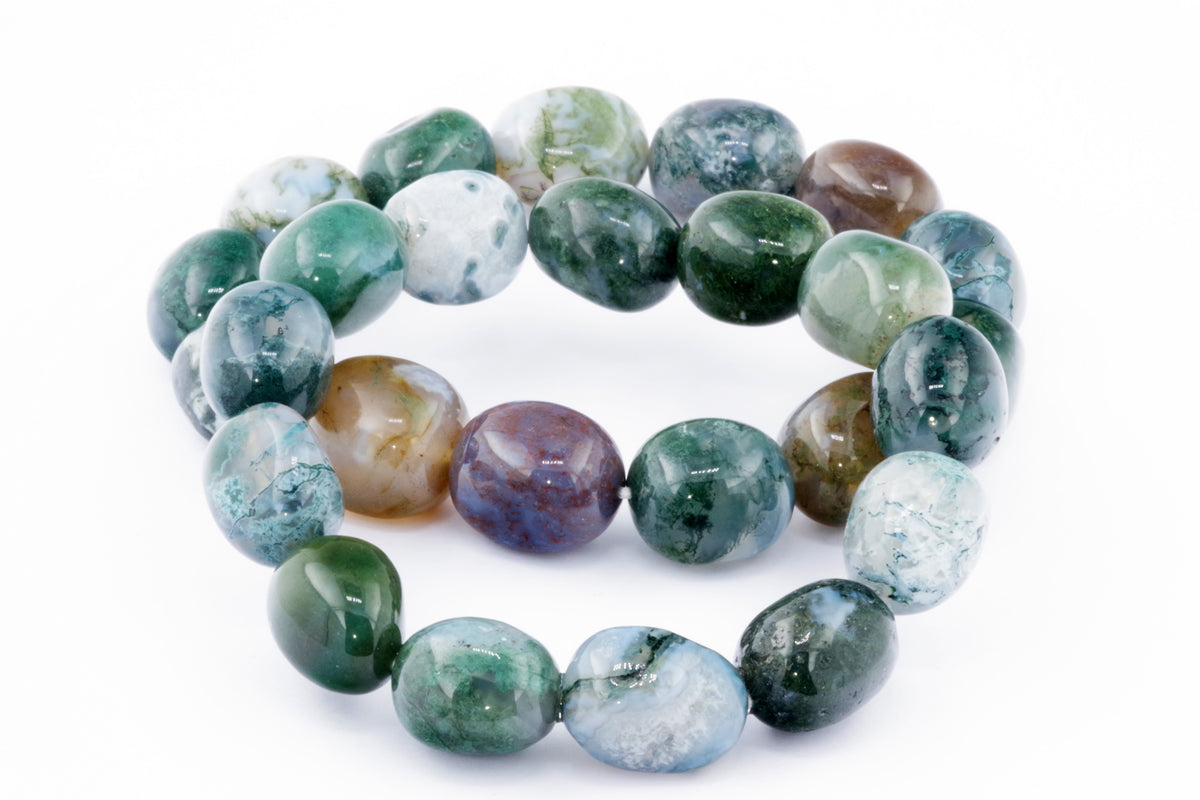 Moss agate bracelet – Gem featuring polished natural agate stones in various shades of green, white, and brown, perfect as a crystal jewellery piece for healing and grounding.