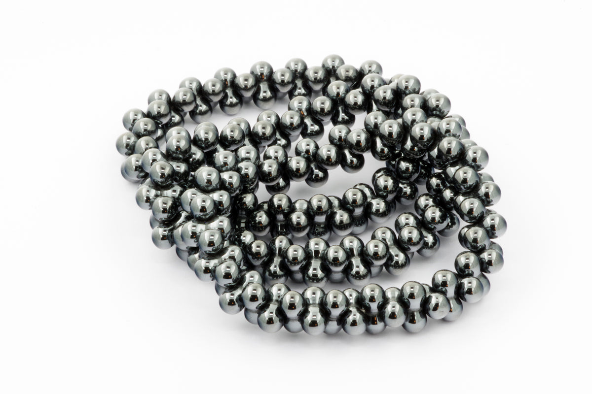 Hematite bracelet – DNA featuring polished hematite beads arranged in a continuous strand, showcasing natural metallic gray gemstones known for grounding and healing properties.