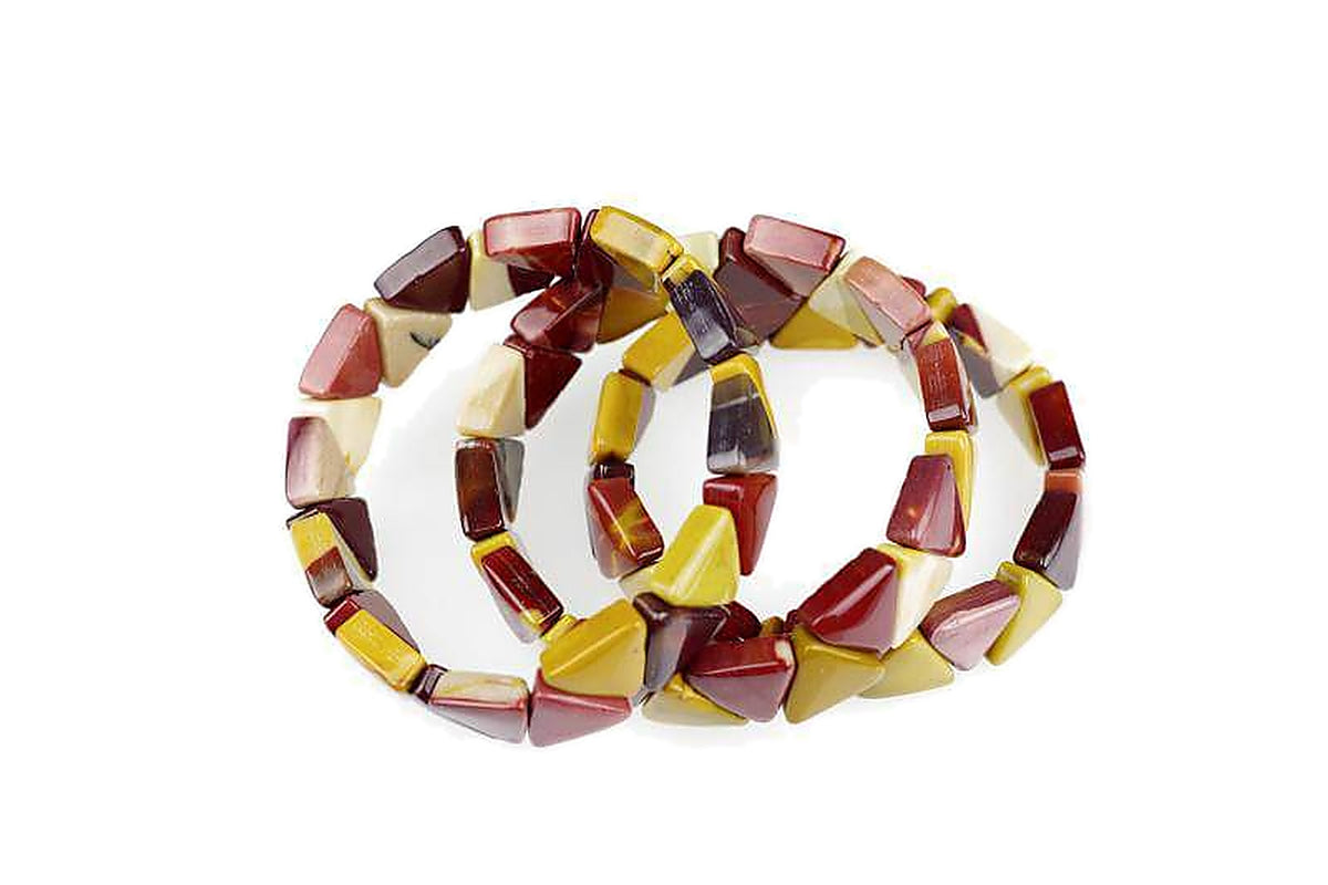 Three Mookaite jasper bracelet – Triangle designs featuring polished natural jasper gemstones in warm earthy tones of red, yellow, and cream arranged as triangular beads.