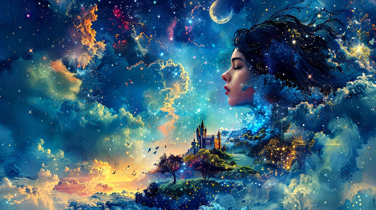 A digital artwork shows a woman's profile merging with a starry sky, clouds, and a distant castle on a hill.