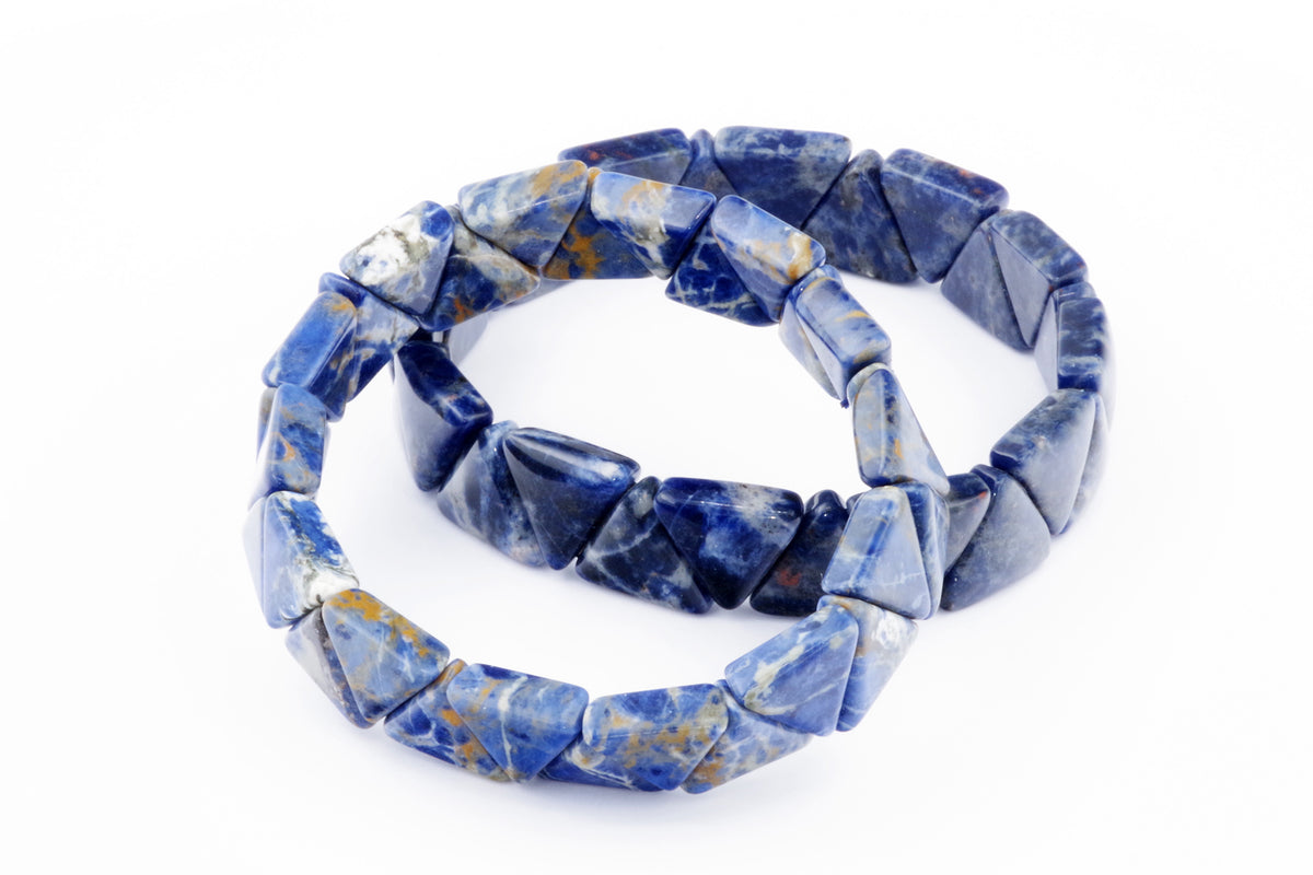Two Sodalite bracelet – Triangle designs featuring polished blue and white gemstone triangles arranged on elastic bands, showcasing natural crystal variations ideal for crystal jewellery enthusiasts.