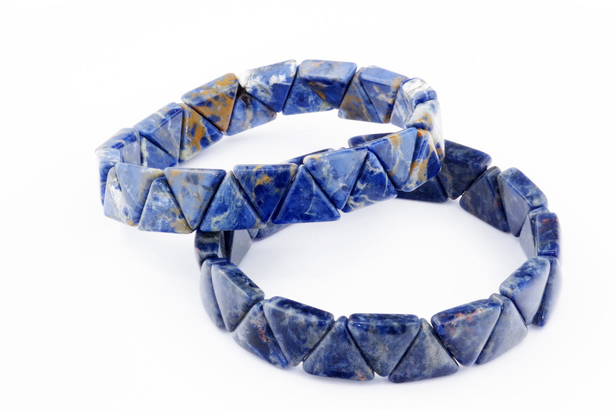 Two blue and purple natural crystal bracelets with triangular polished sodalite stones arranged in a continuous loop, showcasing the Sodalite bracelet – Triangle style.
