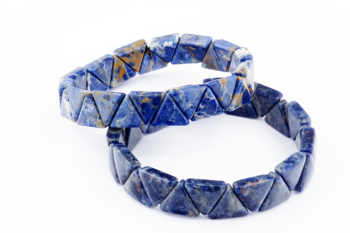 Two blue and white natural crystals sodalite triangle-shaped bead bracelets arranged on a white background, featuring Sodalite bracelet – Triangle design.