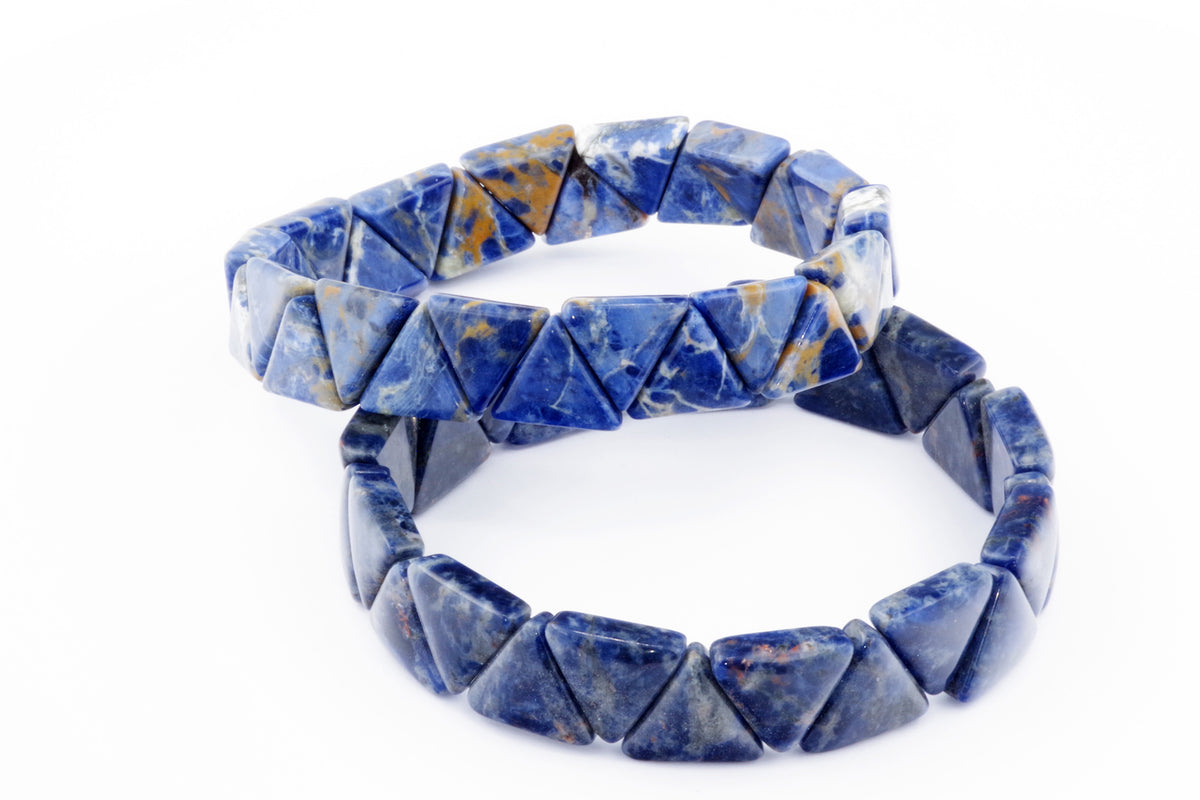 Two Sodalite bracelet – Triangle pieces featuring polished blue and white natural crystals with triangular shaped beads arranged in a continuous loop design.