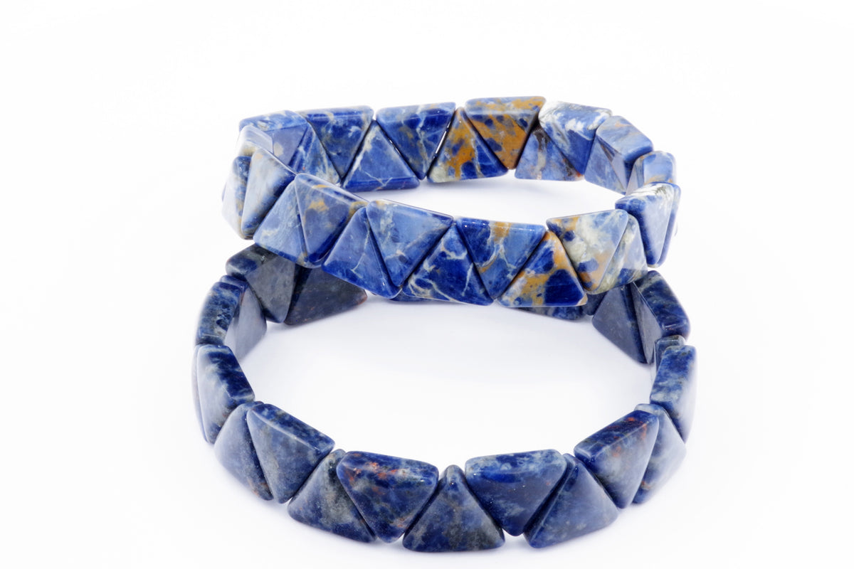 Two Sodalite bracelet – Triangle designs featuring polished blue and white natural crystals shaped in triangular beads, showcasing unique mineral patterns and deep blue tones.