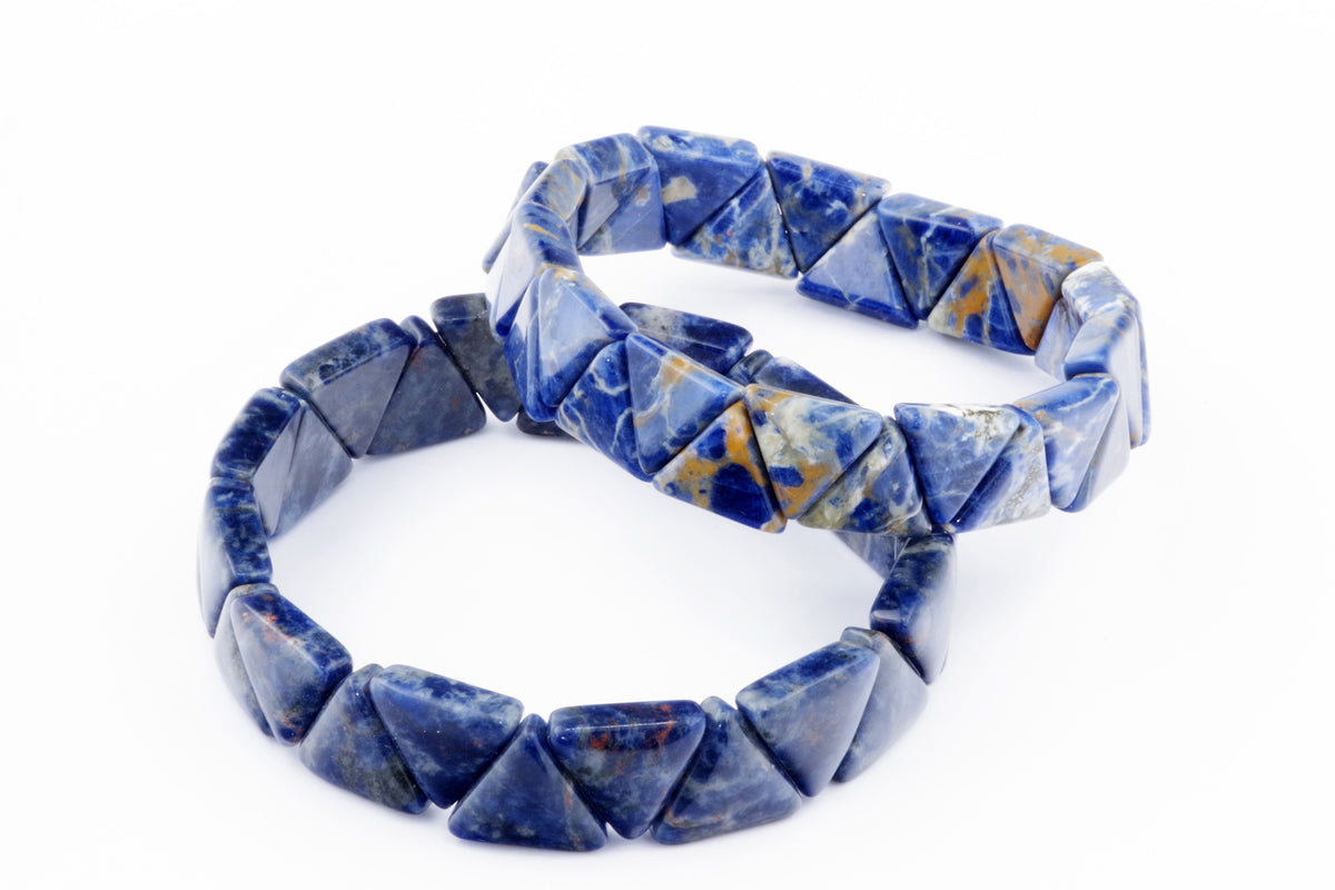 Two sodalite bracelets – Triangle with polished blue and white natural crystal gemstone pieces arranged in triangular shapes, ideal for crystal jewellery and healing crystal collections.