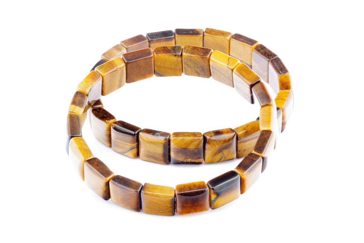 Tiger eye bracelet – Square featuring polished natural tiger's eye gemstone beads in a warm honey brown and gold color, arranged in a smooth flexible design.