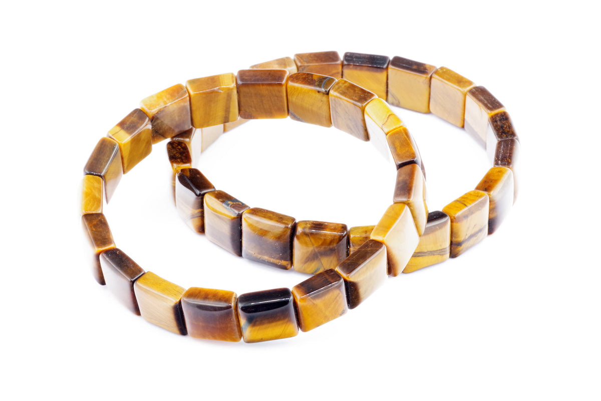 Two Tiger eye bracelet – Square made of polished natural tiger's eye gemstones with rich golden and brown hues, showcasing a smooth, glossy finish ideal for crystal jewellery lovers.