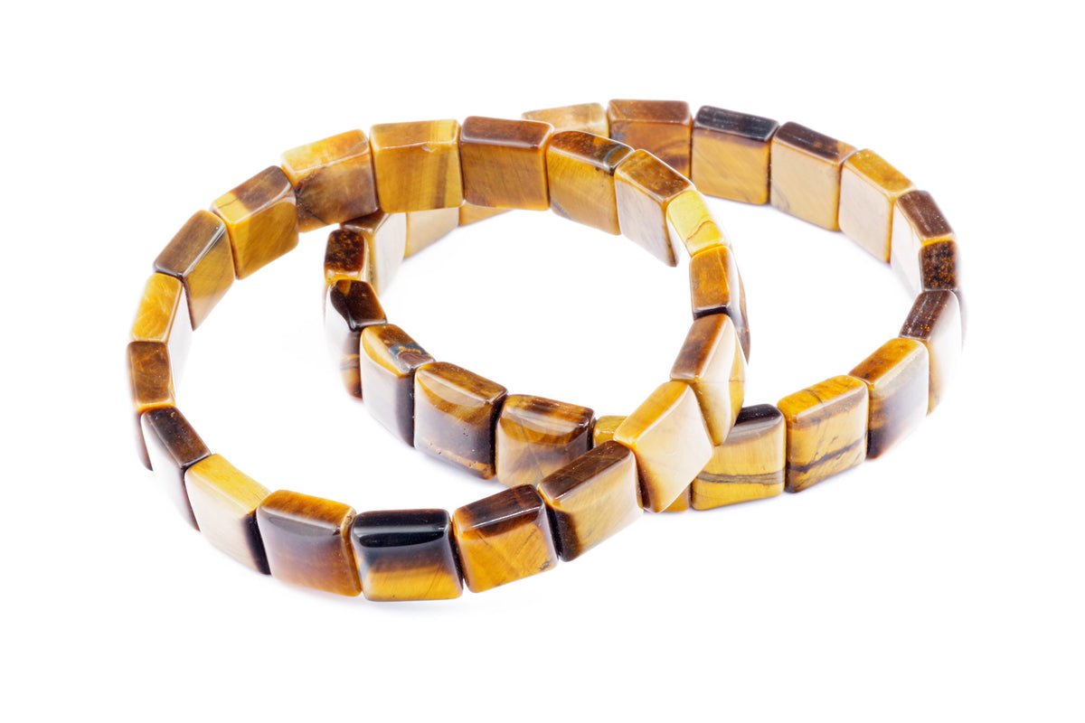 Two Tiger eye bracelet – Square designs featuring polished natural tiger's eye gemstone squares with rich golden and brown hues forming elegant crystal bracelets.