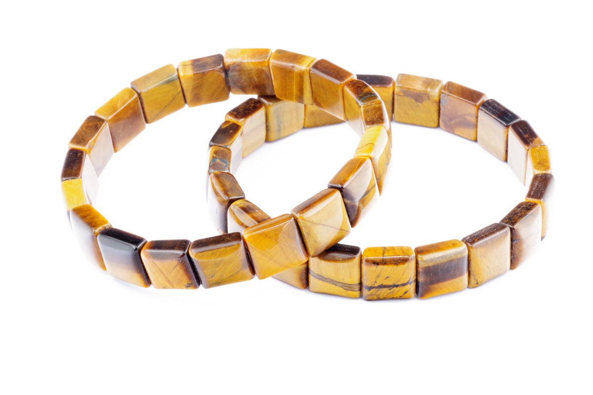 Two Tiger eye bracelet – Square designs featuring polished rectangular tiger's eye gemstones with rich golden brown and amber hues on a white background
