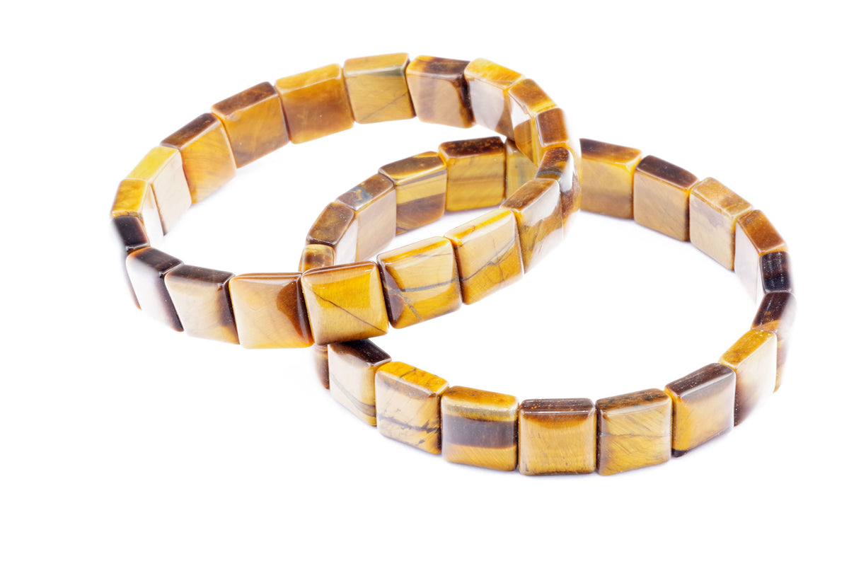 Two polished square Tiger eye bracelet – Square strands with warm golden and brown hues, showcasing natural gemstone patterns for stylish crystal jewellery.