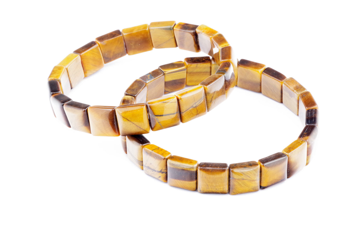 Tiger eye bracelet – Square featuring polished natural golden-brown tiger's eye gemstones cut into smooth square beads strung to create a grounding crystal bracelet.