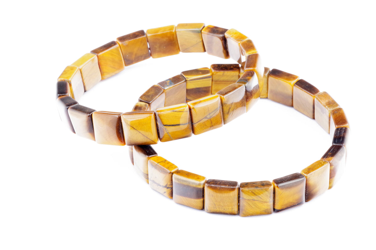 Two polished square tiger eye bracelets showcasing brown and golden natural crystals arranged in a continuous band, Tiger eye bracelet – Square.