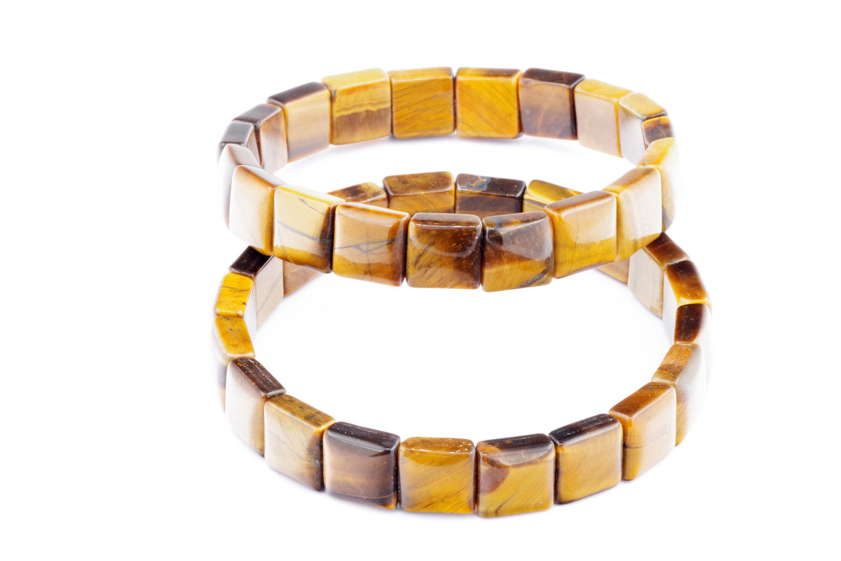 Two polished square bead Tiger eye bracelet – Square with warm golden brown tones and natural crystal shimmer on a white background.