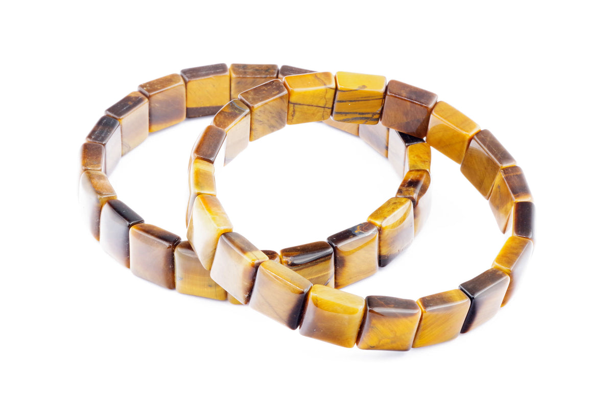 Two polished square tiger's eye crystal bracelets with warm golden and brown hues, featuring smooth, glossy gemstone beads in a continuous loop, Tiger eye bracelet – Square.