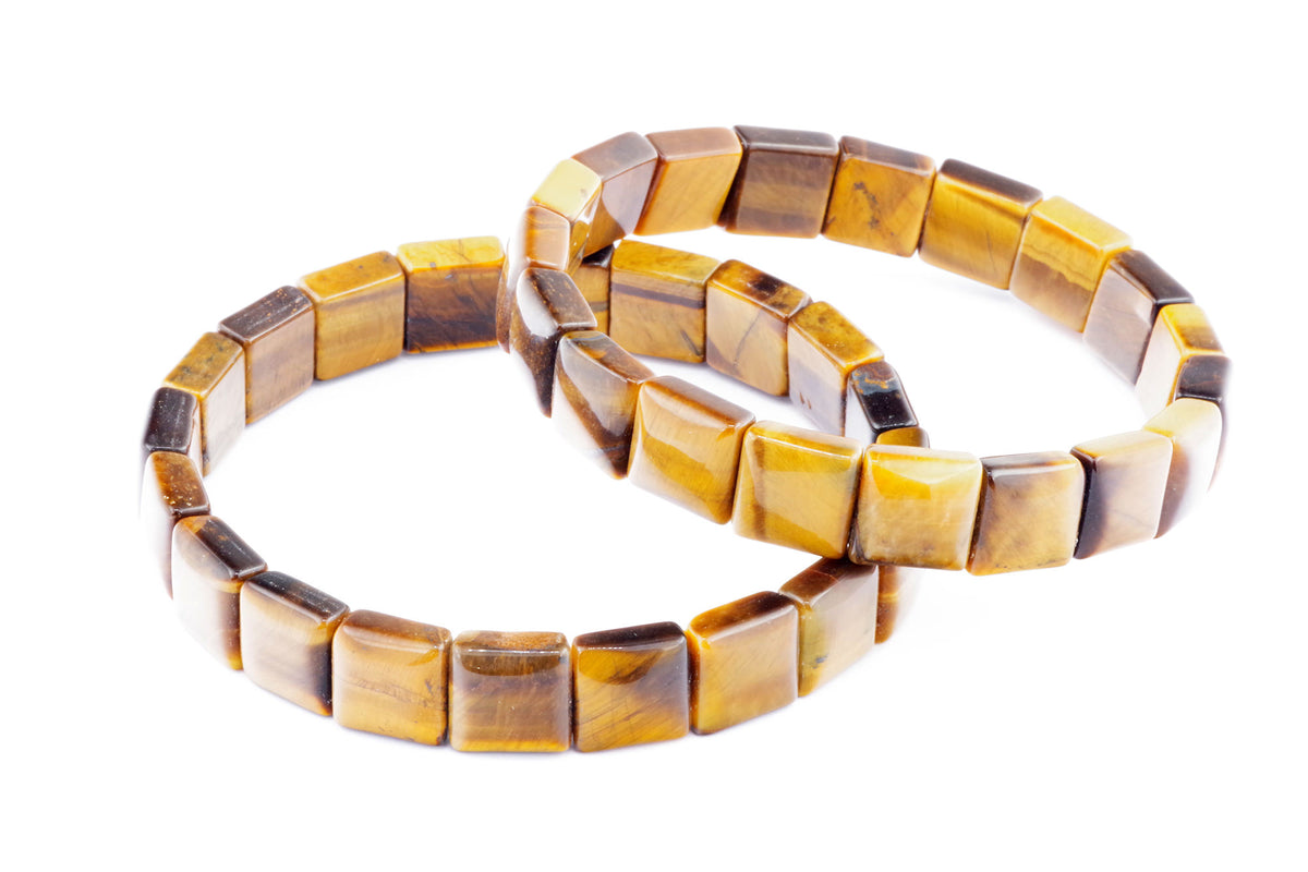 Two polished natural crystal bracelets made of square tiger's eye gemstones, showcasing rich golden brown and amber tones, Tiger eye bracelet – Square.