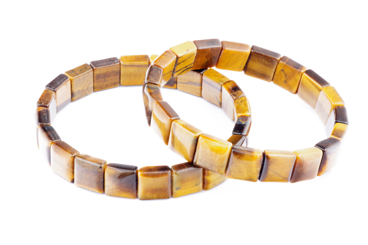 Two Tiger eye bracelet – Square made of polished natural crystals with rich golden and brown hues, perfect as crystal bracelets for grounding and protection.