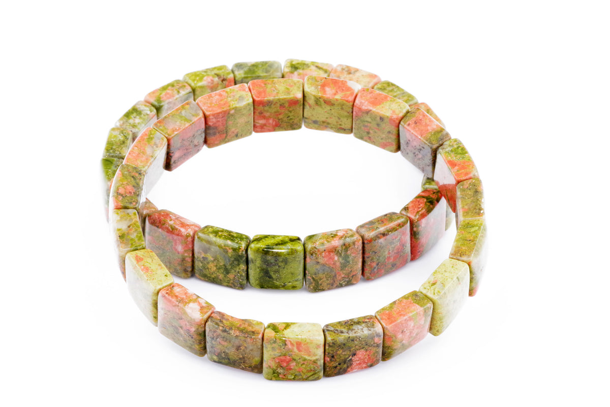 Unakite bracelet – Square featuring polished natural crystal gemstones in shades of green and pink arranged in square shapes, ideal for crystal jewelry and healing purposes.