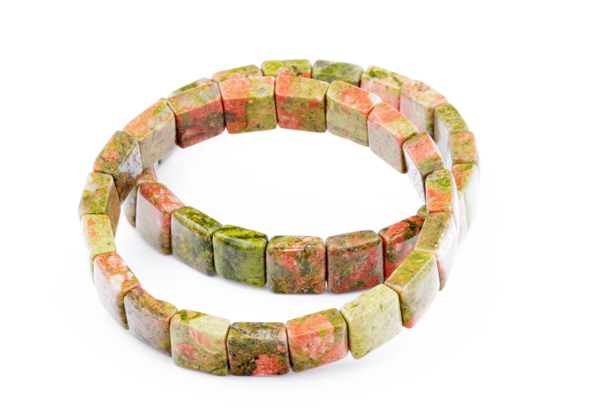 Unakite bracelet – Square featuring polished natural crystal gemstones in earthy green and soft pink hues, perfect as a healing crystal bracelet for grounding and balance.