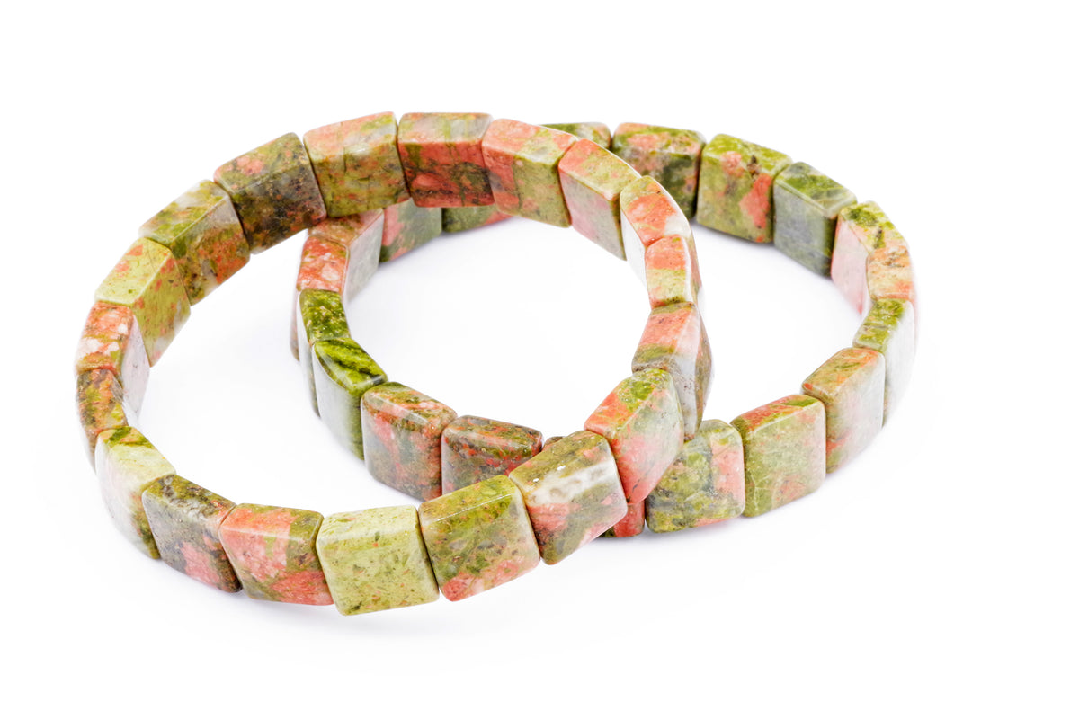Unakite bracelet – Square featuring polished square beads in shades of green and pink, showcasing natural crystals in a stylish crystal bracelet design.