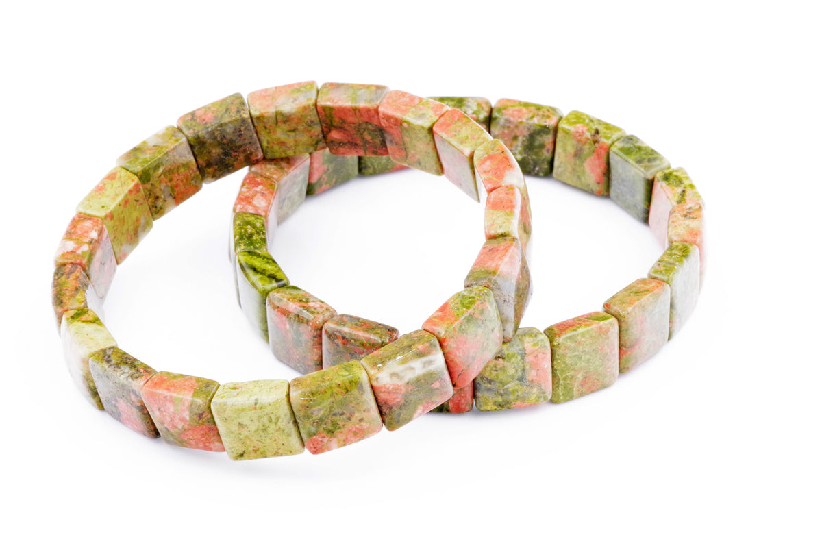 Unakite bracelet – Square featuring polished natural crystal gemstones with a mix of green and pink hues, ideal for crystal jewellery enthusiasts and healing crystal collectors.