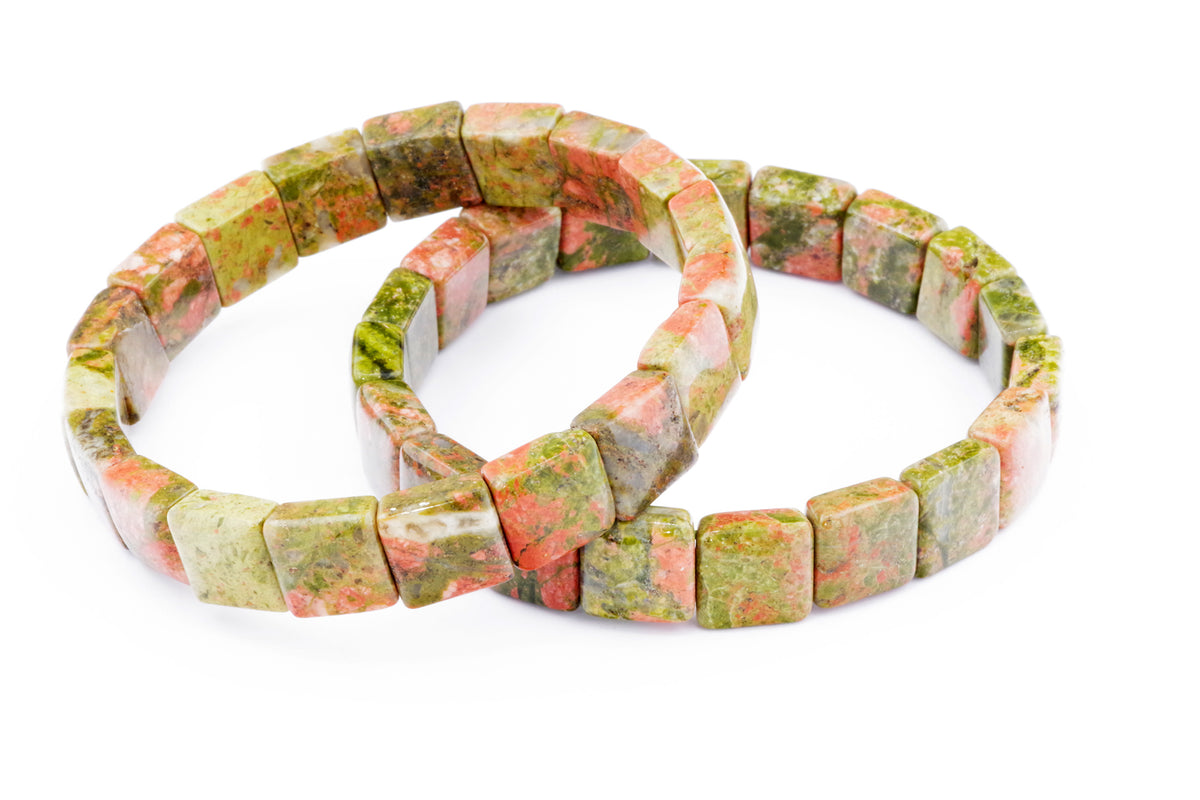 Two Unakite bracelet – Square featuring polished natural crystal gemstone squares in green and pink hues arranged in a stretchable band for healing crystal jewellery.