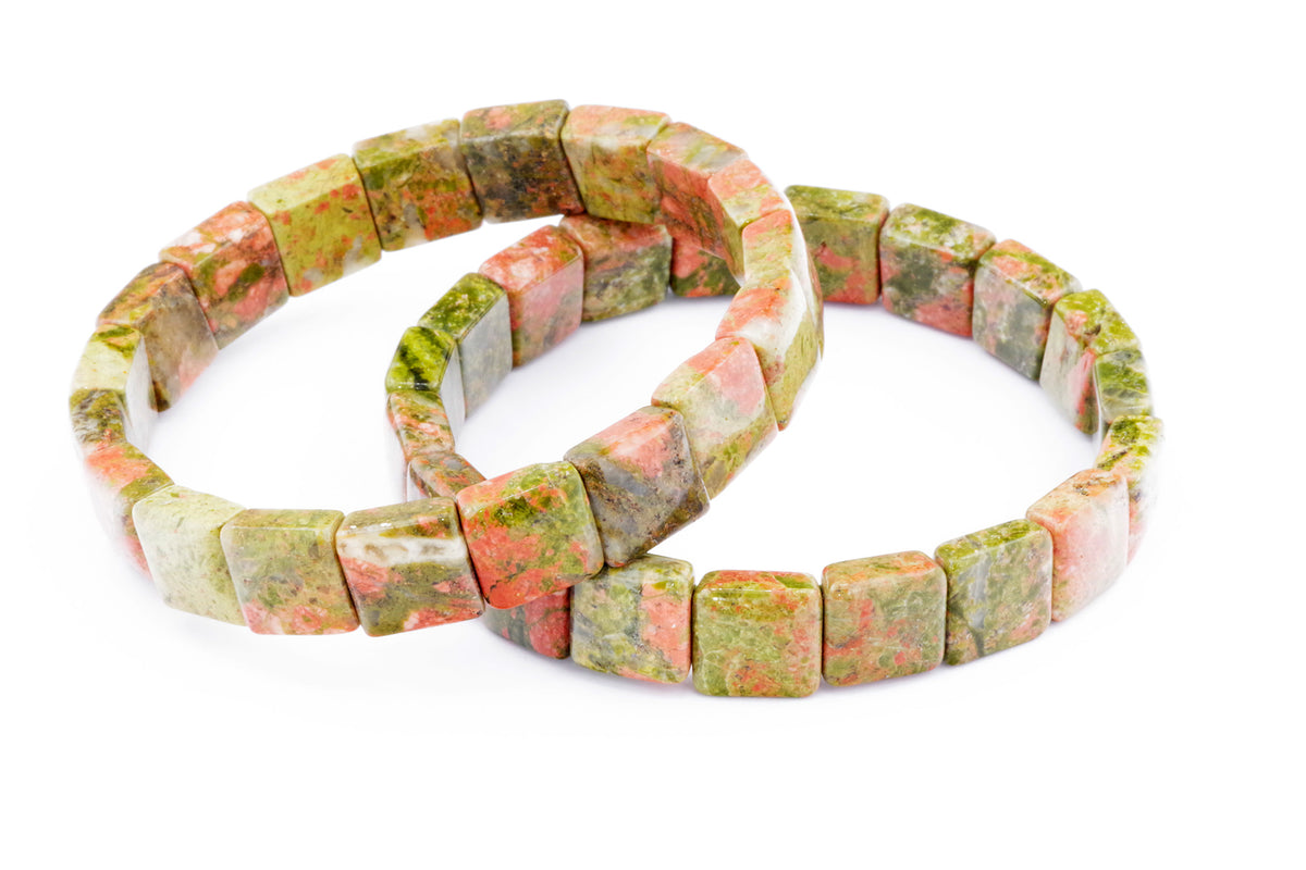Two Unakite bracelet – Square designs featuring natural crystal gemstone beads in shades of green and pink, polished and arranged in square shapes for crystal jewellery lovers.