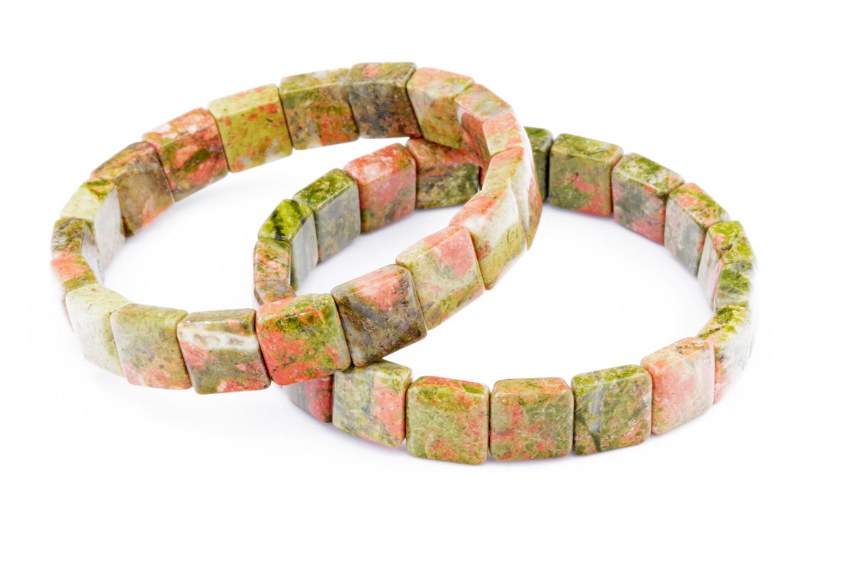 Two natural crystal Unakite bracelet – Square designs with polished green and pink gemstone beads arranged on a white background.