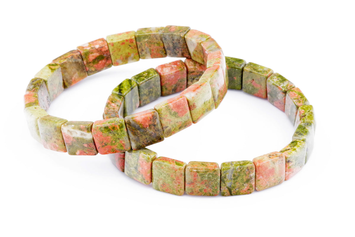 Two Unakite bracelet – Square pieces made of natural green and pink polished crystals arranged in a loop on a white background