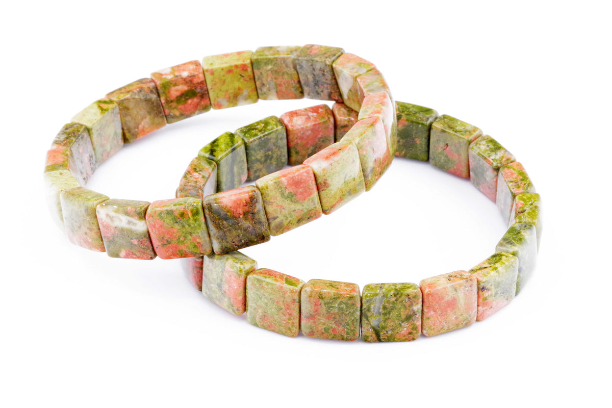 Two Unakite bracelet – Square styles featuring polished square gemstones with green and pink natural crystal patterns, ideal as crystal jewellery for healing and energy.