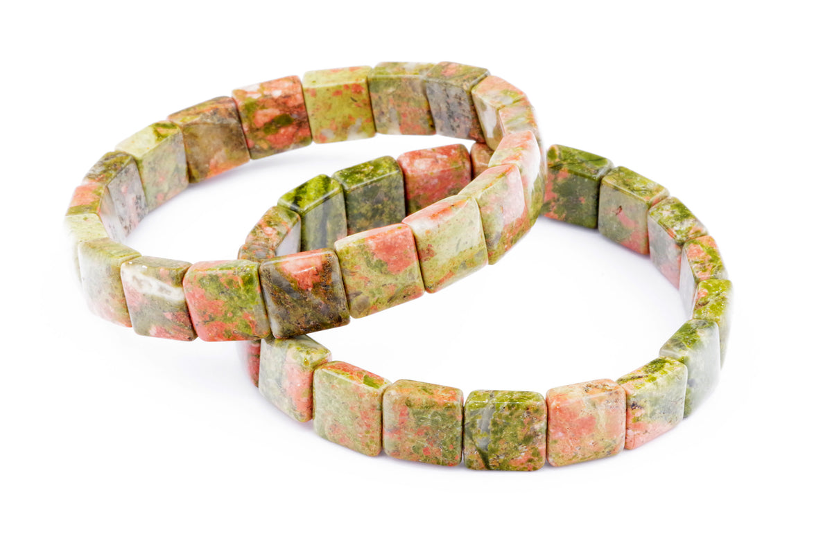 Two Unakite bracelet – Square featuring natural polished crystal gemstones in green and pink hues, arranged in a stylish, geometric pattern for healing and grounding energy.