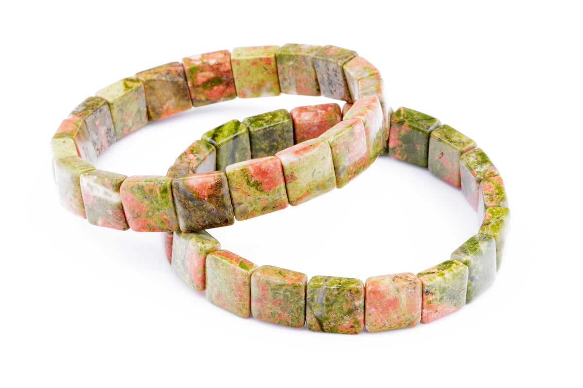 Two Unakite bracelet – Square designs featuring polished square natural crystal beads in shades of green and pink, symbolizing healing and balance.