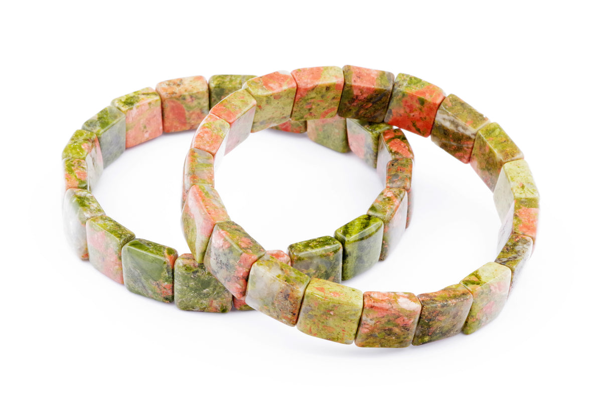 Two Unakite bracelet – Square pieces featuring natural polished green and pink gemstone squares arranged on elastic bands against a white background.