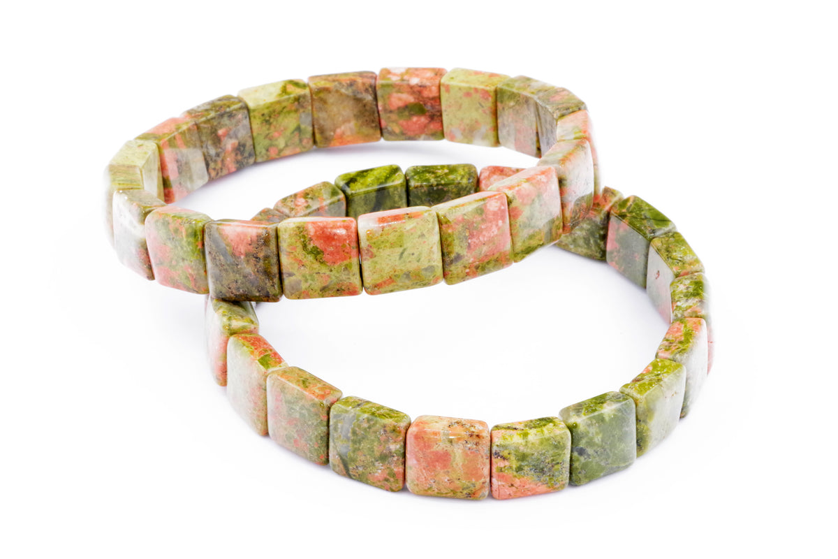 Unakite bracelet – Square featuring natural polished square gemstones in green and pink tones, ideal for crystal jewellery lovers and healing crystal enthusiasts.