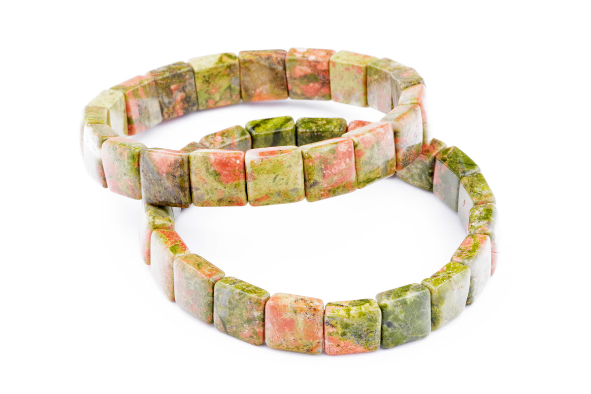 Unakite bracelet – Square featuring polished square natural crystal gemstones in shades of green and pink, perfect for crystal jewellery and healing crystal collections.