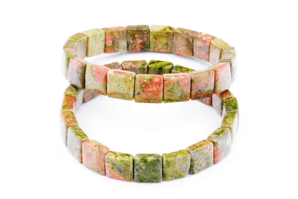 Two Unakite bracelet – Square designs featuring natural crystals with green and pink hues arranged in polished, square-shaped beads on a stretchy band, perfect for crystal jewellery lovers.